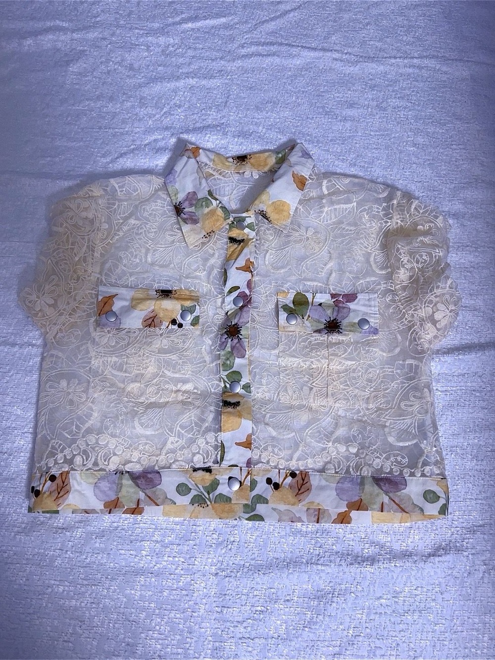 Girls' Floral Trim Lace Button-Front Top - Cream
